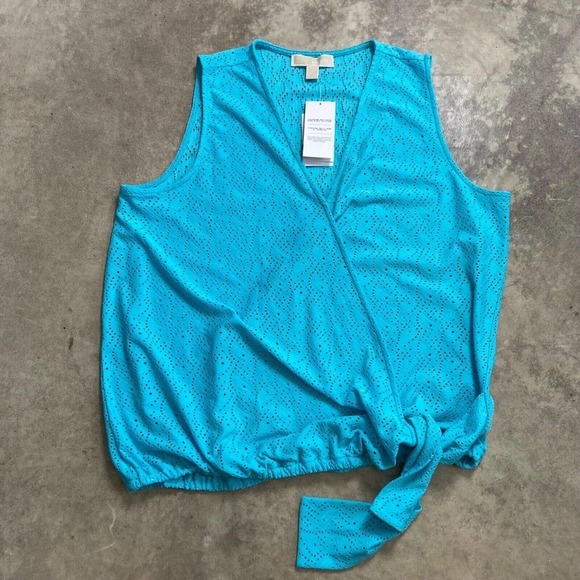 Michael Kors Shirt Womens 0X Aqua Blue‎ Eyelet Stretch Faux Wrap Top Sleeveless - Picture 1 of 11